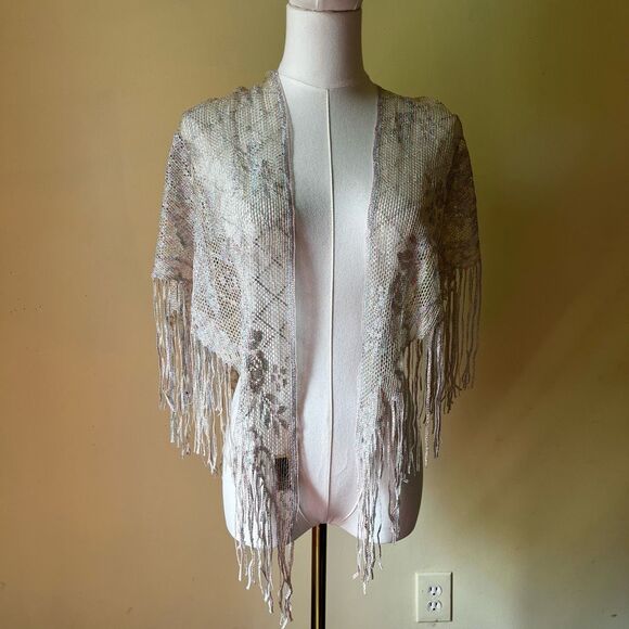 Vintage 70s Metallic Fringe Shawl Made in Japan Boho Disco Festival Wrap - Picture 1 of 9